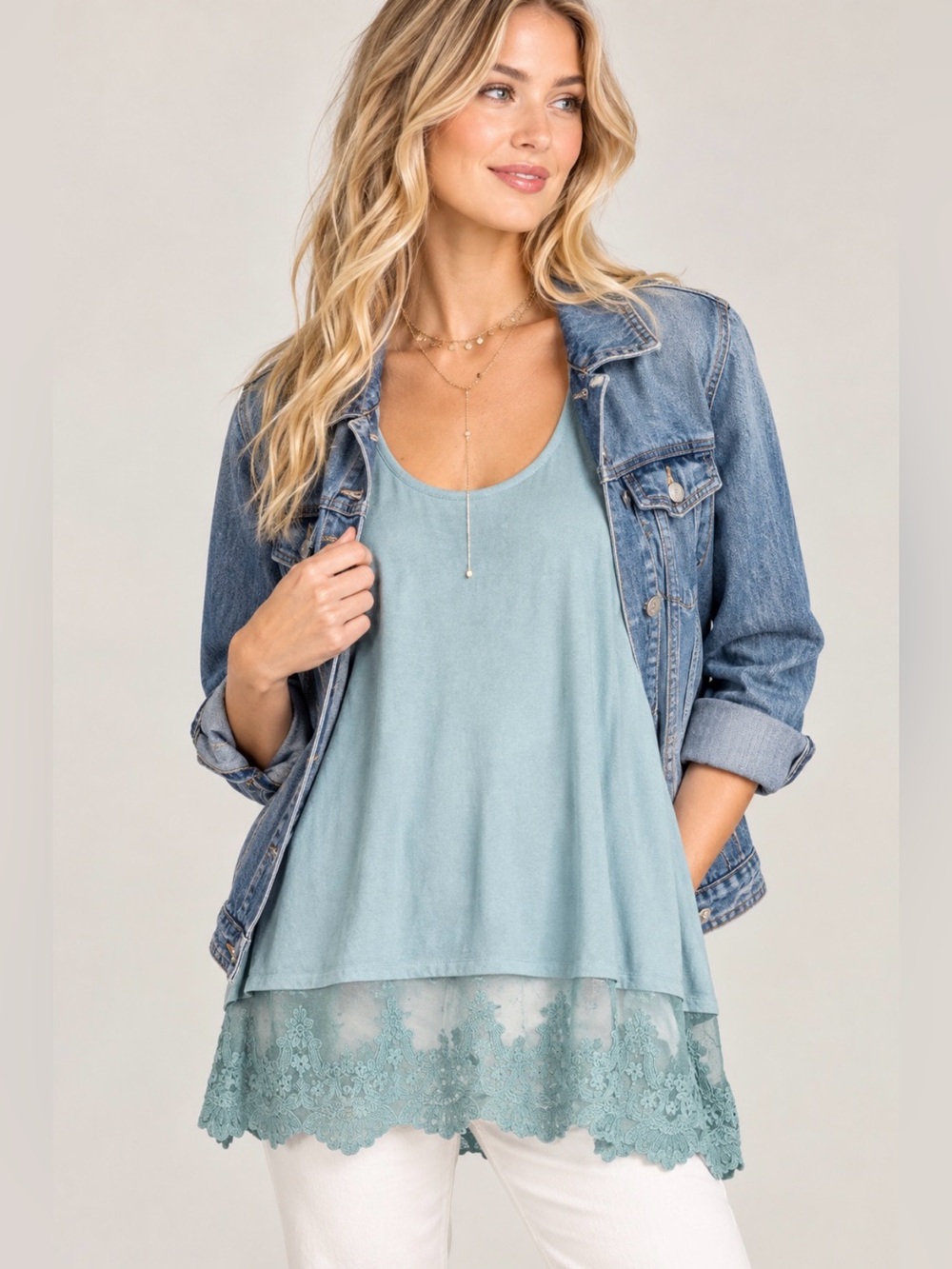 EMERALD Blue Sage Long Romantic Lace Layering Soft Extender Knit Tank Top NWOT